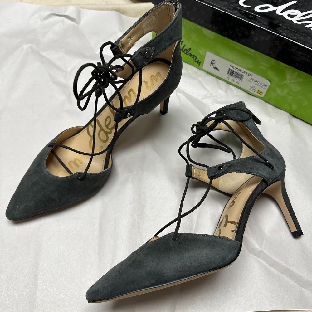 NIB Sam Edelman Taylor Lace-up Pointy Toe Pump 3'' Heels Grey Suede 7.5